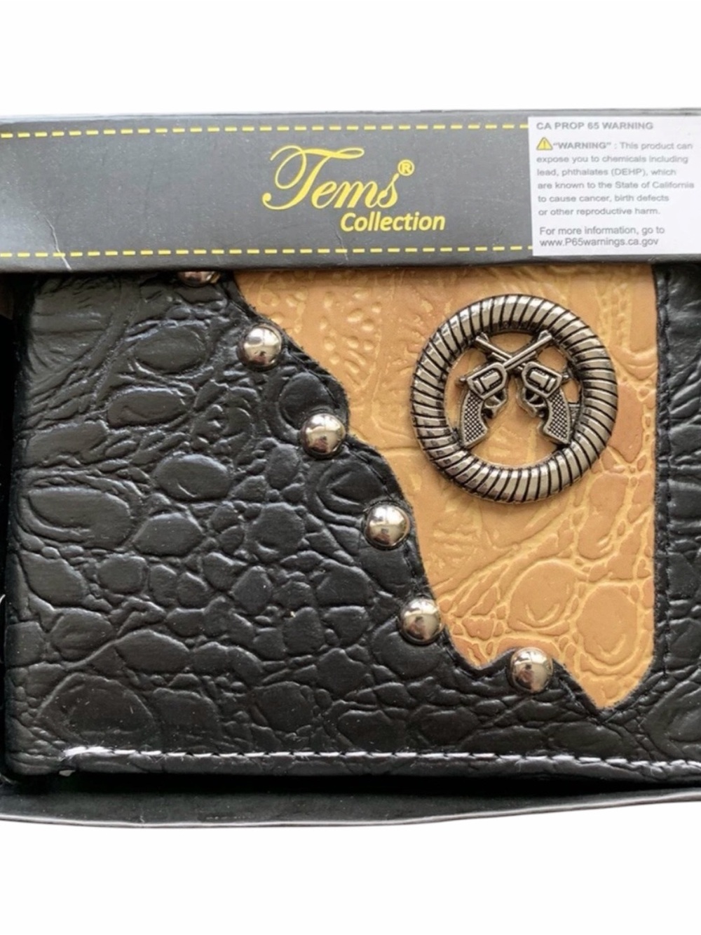 Men's Black & Tan Studded Gun Emblem Bi-Fold Wallet - NEW
